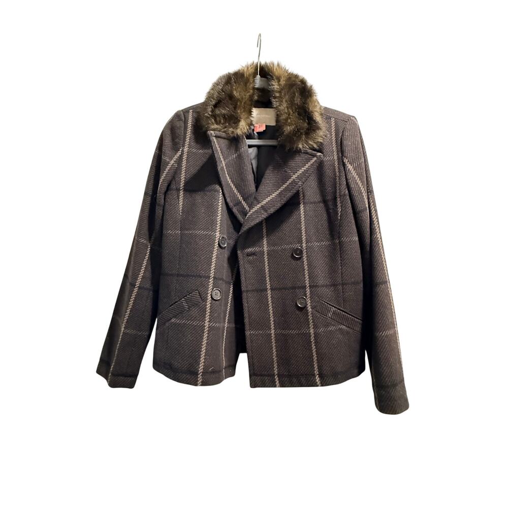 Banana Republic jacket size S, Brown plaid, faux-fur collar, double-breasted